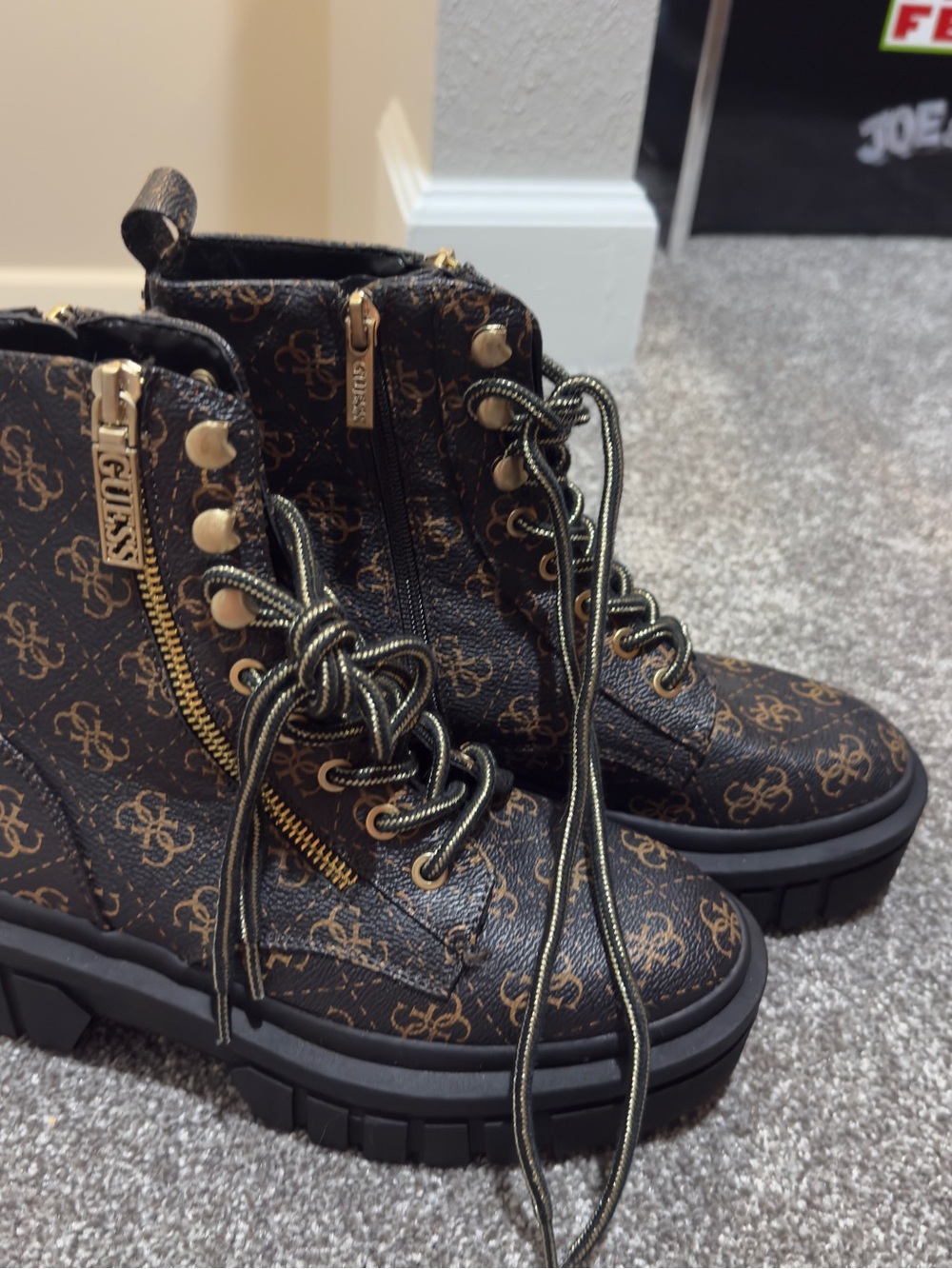 GUESS Brown Logo Combat Boots with Gold Hardware